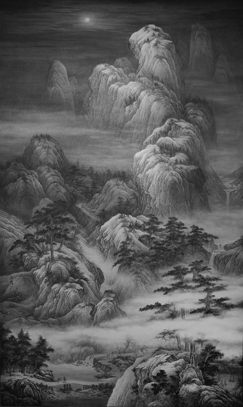 直筆水墨画 晩秋月夜に狸